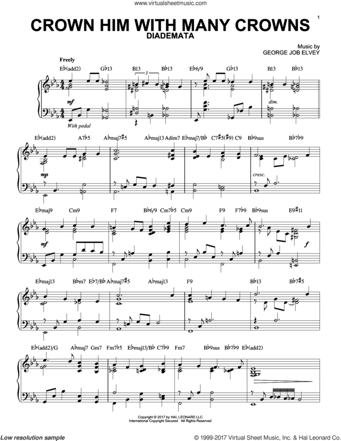 Crown Him With Many Crowns [Jazz version] sheet music for piano solo by George Job Elvey, Godfrey Thring and Matthew Bridges, intermediate skill level