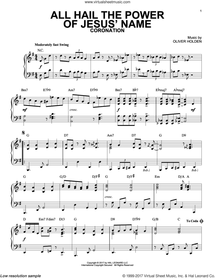 All Hail The Power Of Jesus' Name [Jazz version] sheet music for piano solo by Edward Perronet, John Rippon and Oliver Holden, intermediate skill level