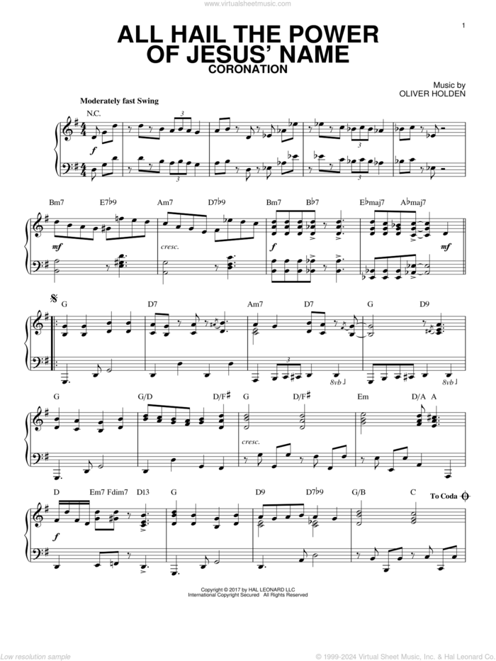 All Hail The Power Of Jesus' Name [Jazz version] sheet music for piano solo by Edward Perronet, John Rippon and Oliver Holden, intermediate skill level