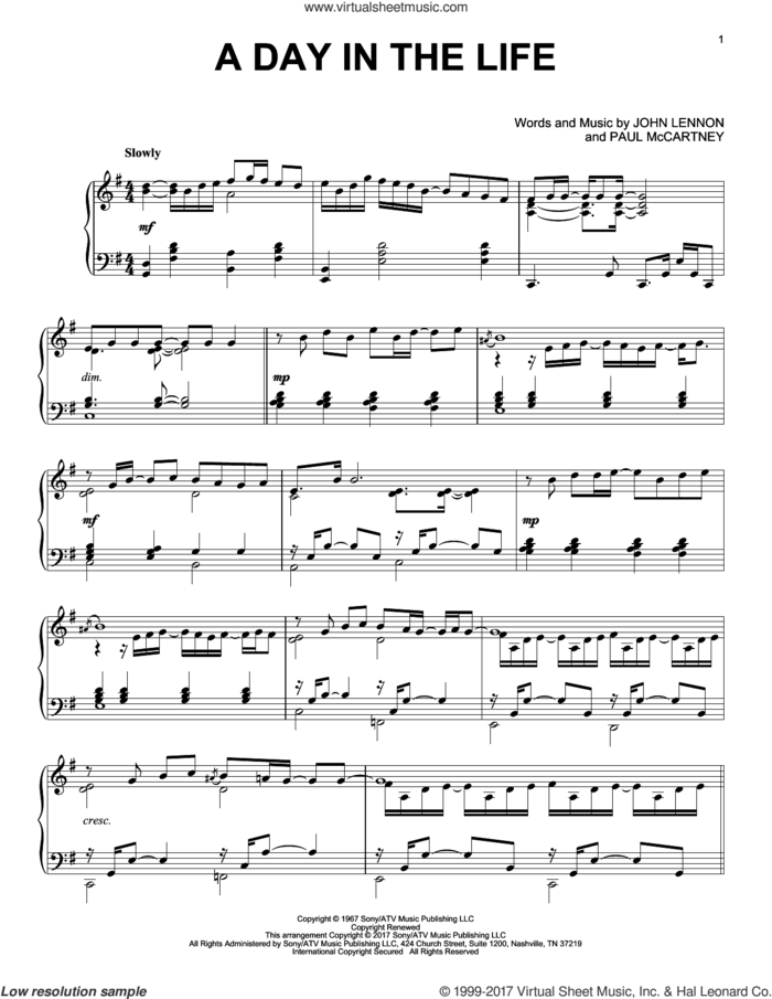 A Day In The Life sheet music for piano solo by The Beatles, John Lennon and Paul McCartney, intermediate skill level
