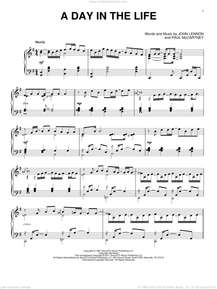 A Day In The Life sheet music for piano solo by The Beatles, John Lennon and Paul McCartney, intermediate skill level