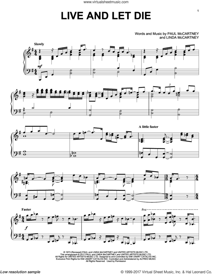 Live And Let Die sheet music for piano solo by Paul McCartney, Wings and Linda McCartney, intermediate skill level