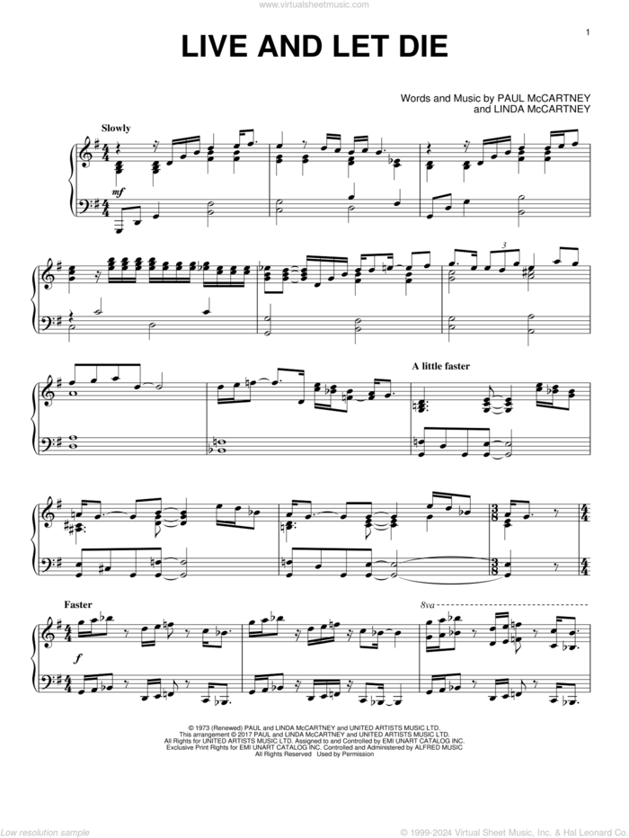 Live And Let Die, (intermediate) sheet music for piano solo by Paul McCartney, Wings and Linda McCartney, intermediate skill level