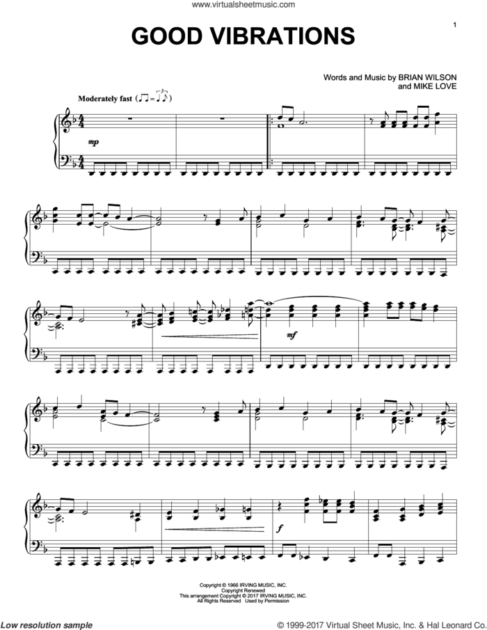 Good Vibrations, (intermediate) sheet music for piano solo by The Beach Boys, Brian Wilson and Mike Love, intermediate skill level