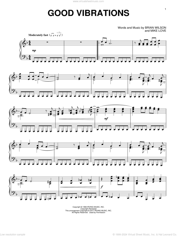 Good Vibrations, (intermediate) sheet music for piano solo by The Beach Boys, Brian Wilson and Mike Love, intermediate skill level