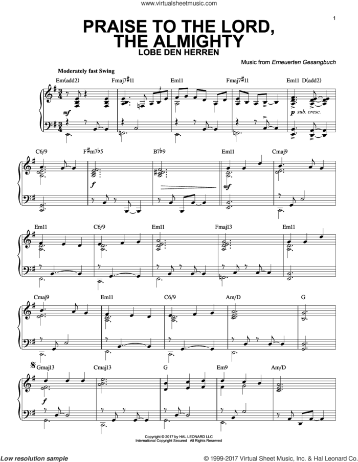 Praise To The Lord, The Almighty [Jazz version] (arr. Phillip Keveren) sheet music for piano solo by Erneuerten Gesangbuch and Catherine Winkworth, intermediate skill level