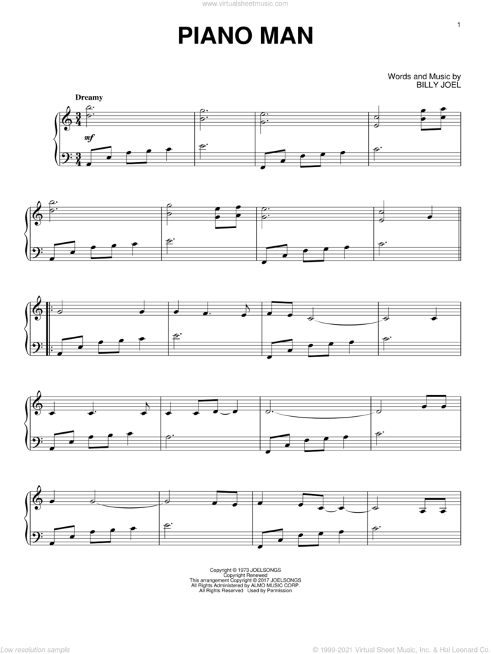 Piano Man, (intermediate) sheet music for piano solo by Billy Joel, intermediate skill level