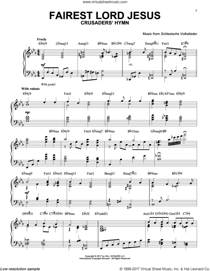 Fairest Lord Jesus [Jazz version] sheet music for piano solo by Joseph August Seiss, Munster Gesangbuch and Schlesische Volkslieder, intermediate skill level