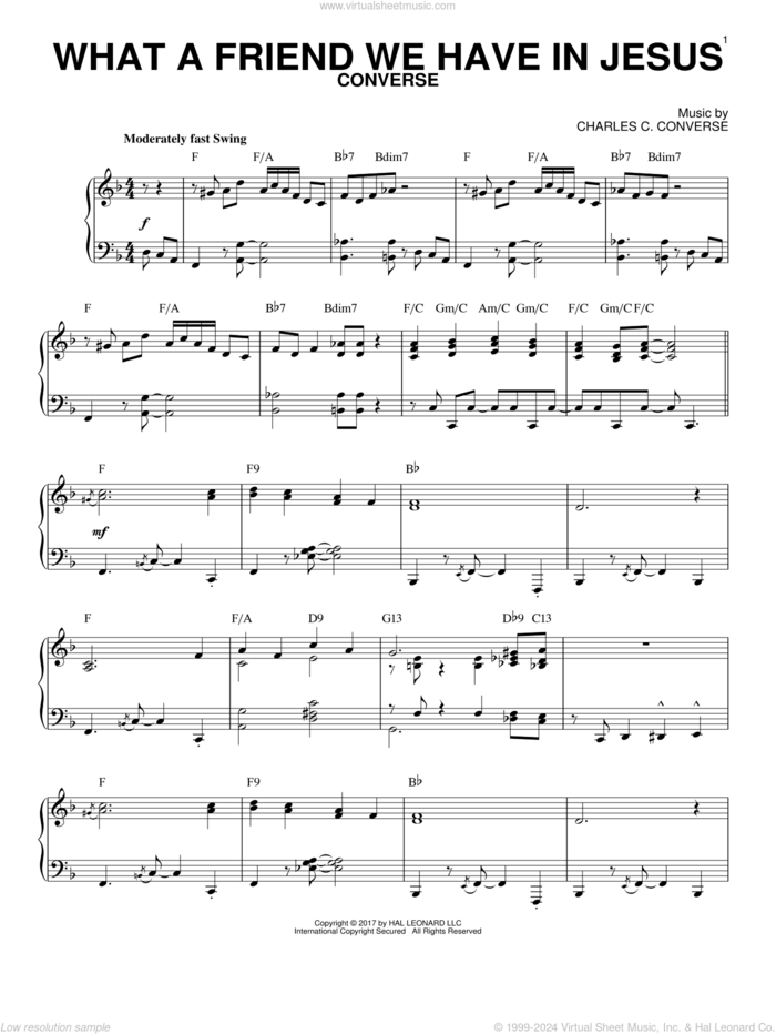 What A Friend We Have In Jesus [Jazz version] (arr. Brent Edstrom) sheet music for piano solo by Joseph M. Scriven and Charles C. Converse, intermediate skill level