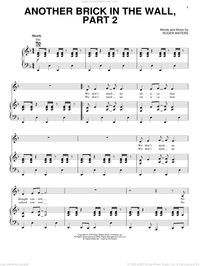 Another Brick In The Wall, Part 2 sheet music for voice, piano or guitar by Pink Floyd and Roger Waters, intermediate skill level