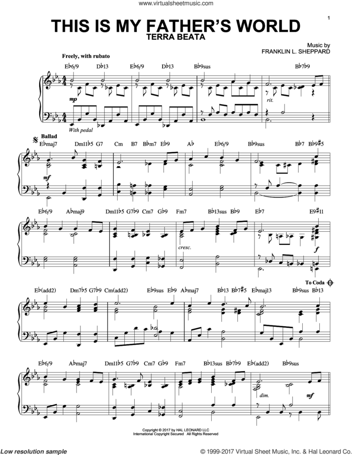 This Is My Father's World [Jazz version] (arr. Phillip Keveren) sheet music for piano solo by Franklin L. Sheppard and Maltbie D. Babcock, intermediate skill level