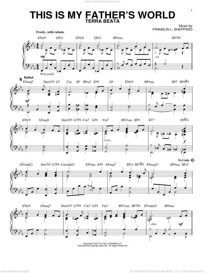 This Is My Father's World [Jazz version] (arr. Phillip Keveren) sheet music for piano solo by Franklin L. Sheppard and Maltbie D. Babcock, intermediate skill level