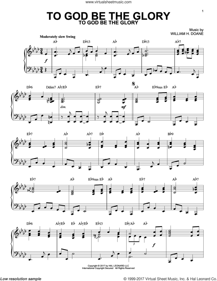 To God Be The Glory [Jazz version] sheet music for piano solo by Fanny J. Crosby and William H. Doane, intermediate skill level