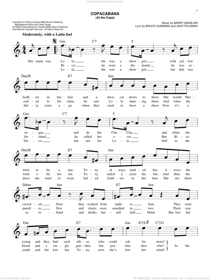 Copacabana (At The Copa) sheet music for voice and other instruments (fake book) by Barry Manilow, Bruce Sussman and Jack Feldman, easy skill level