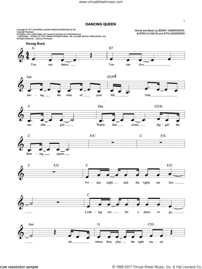 Dancing Queen sheet music for voice and other instruments (fake book) by ABBA, Benny Andersson, Bjorn Ulvaeus and Stig Anderson, easy skill level