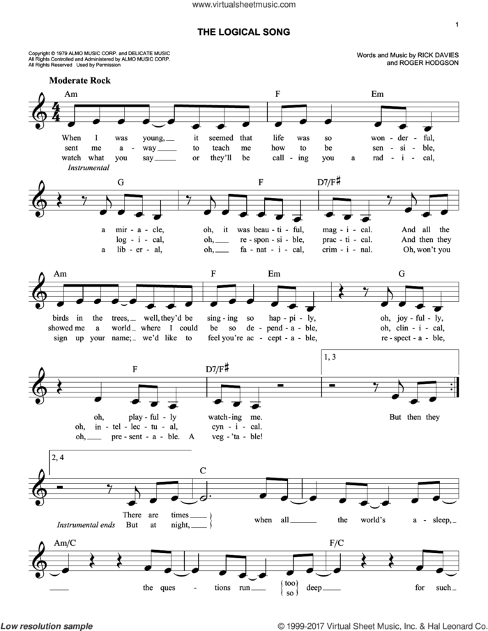 The Logical Song sheet music for voice and other instruments (fake book) by Supertramp, Rick Davies and Roger Hodgson, easy skill level