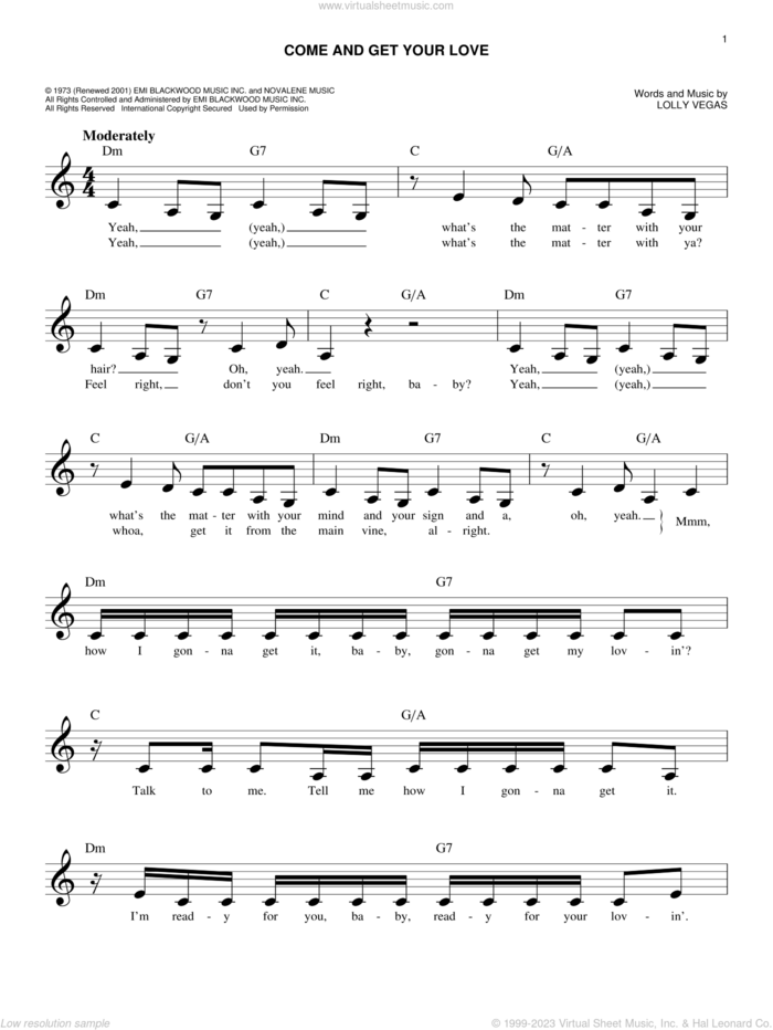 Come And Get Your Love sheet music for voice and other instruments (fake book) by Redbone, Real McCoy and Lolly Vegas, intermediate skill level