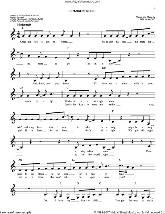 Cracklin' Rosie sheet music for voice and other instruments (fake book) by Neil Diamond, easy skill level
