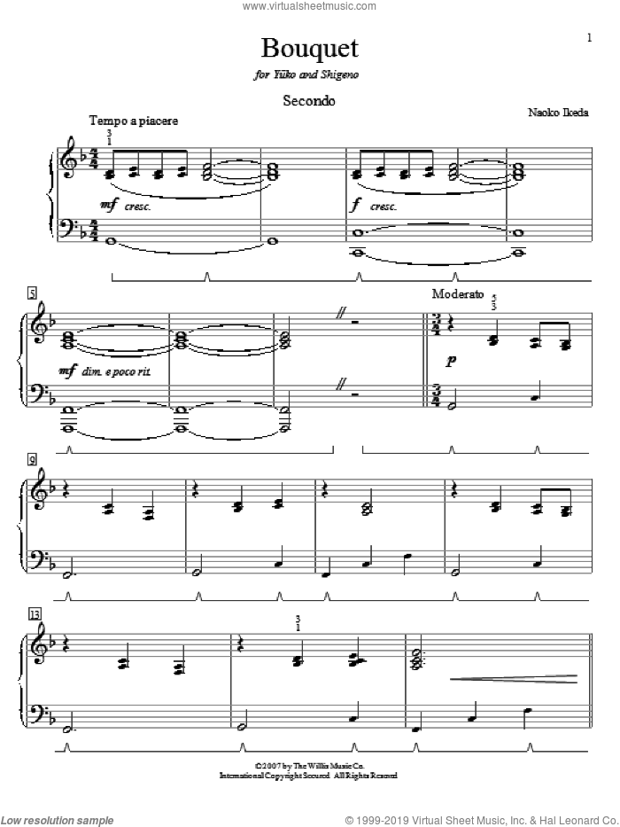 Bouquet sheet music for piano four hands by Naoko Ikeda, intermediate skill level