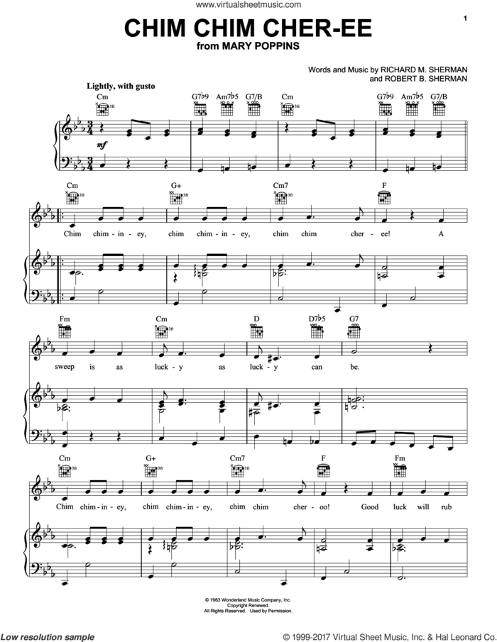 Chim Chim Cher-ee (from Mary Poppins) sheet music for voice, piano or guitar by Sherman Brothers, Dick Van Dyke, Mary Poppins (Movie), New Christy Minstrels, Richard M. Sherman and Robert B. Sherman, intermediate skill level