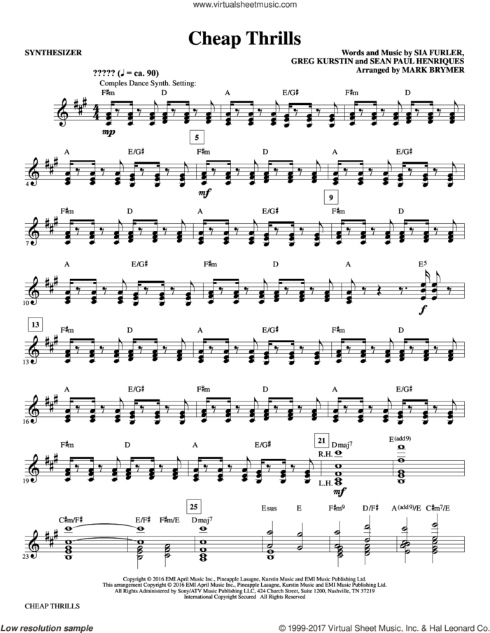 Cheap Thrills (complete set of parts) sheet music for orchestra/band by Mark Brymer, Greg Kurstin, Sean Paul Henriques, Sia feat. Sean Paul and Sia Furler, intermediate skill level