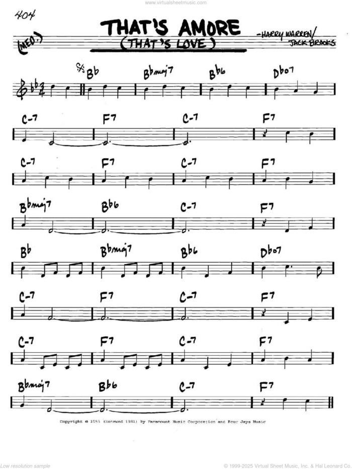 That's Amore (That's Love) sheet music for voice and other instruments (in C) by Dean Martin, Harry Warren and Jack Brooks, intermediate skill level