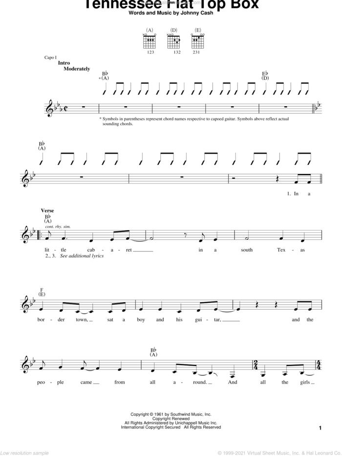Tennessee Flat Top Box sheet music for guitar solo (chords) by Johnny Cash, easy guitar (chords)