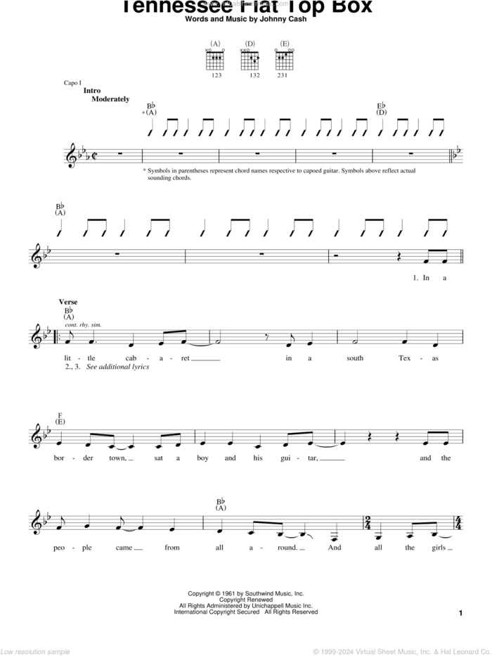 Tennessee Flat Top Box sheet music for guitar solo (chords) by Johnny Cash, easy guitar (chords)