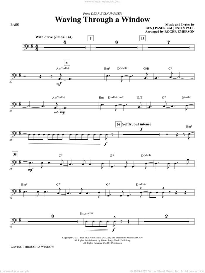 Waving Through a Window sheet music for orchestra/band (bass) by Pasek & Paul, Roger Emerson, Benj Pasek and Justin Paul, intermediate skill level
