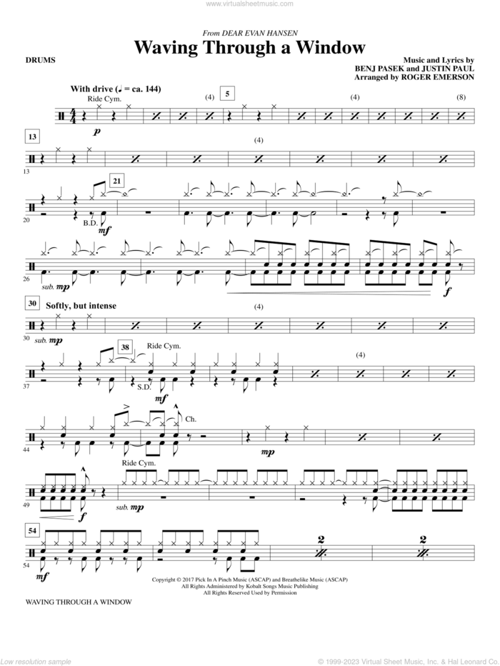 Waving Through a Window sheet music for orchestra/band (drums) by Pasek & Paul, Roger Emerson, Benj Pasek and Justin Paul, intermediate skill level