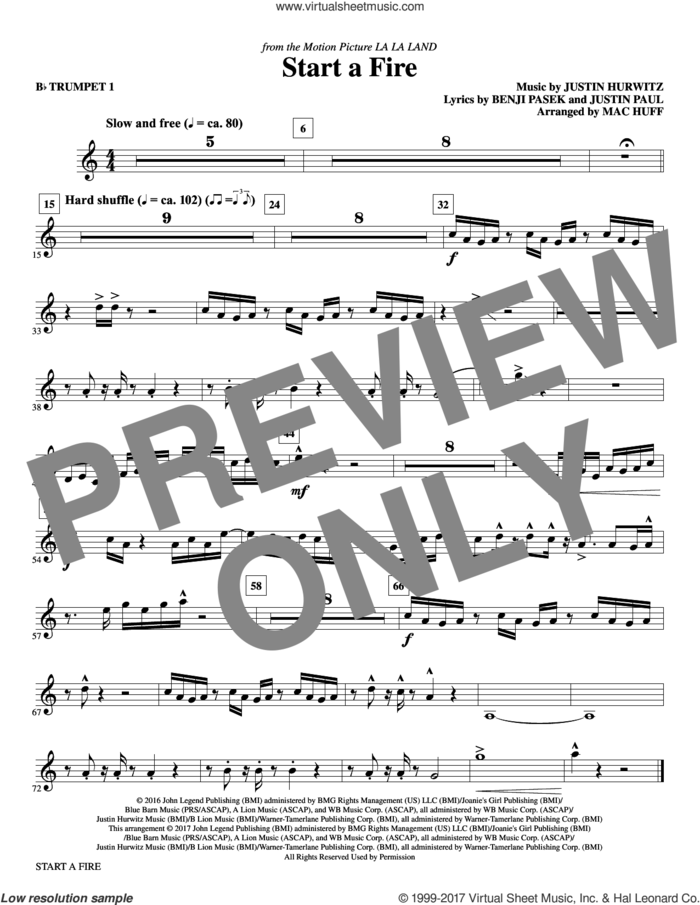 Start a Fire (complete set of parts) sheet music for orchestra/band by Mac Huff, Angelique Cinelu, John Stephens, Justin Hurwitz and Marius De Vries, intermediate skill level