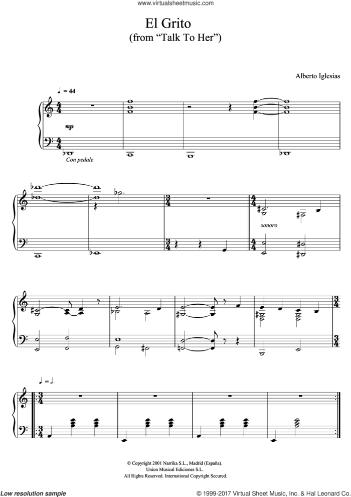 El Grito (from 'Talk To Her') sheet music for piano solo by Alberto Iglesias, intermediate skill level