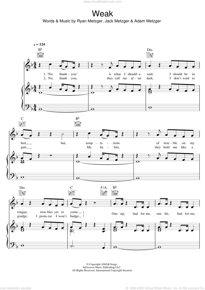 Weak sheet music for voice, piano or guitar by AJR, Adam Metzger, Jack Metzger and Ryan Metzger, intermediate skill level