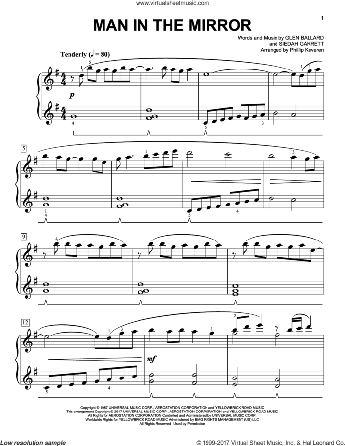 Man In The Mirror [Classical version] (arr. Phillip Keveren) sheet music for piano solo by Glen Ballard, Phillip Keveren, Michael Jackson and Siedah Garrett, easy skill level