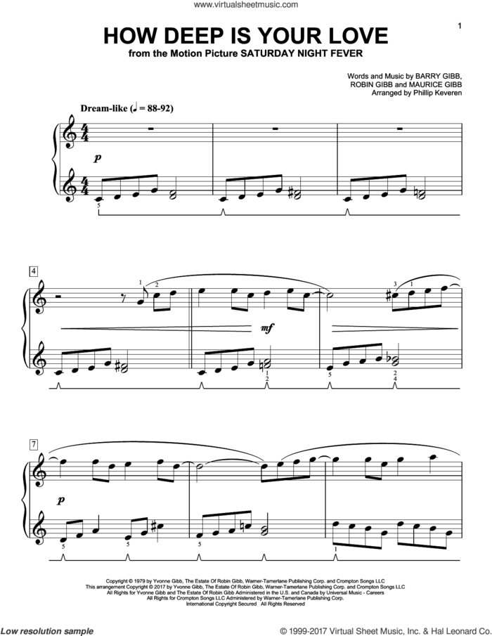 How Deep Is Your Love [Classical version] (arr. Phillip Keveren) sheet music for piano solo by Barry Gibb, Phillip Keveren, Bee Gees, Maurice Gibb and Robin Gibb, easy skill level