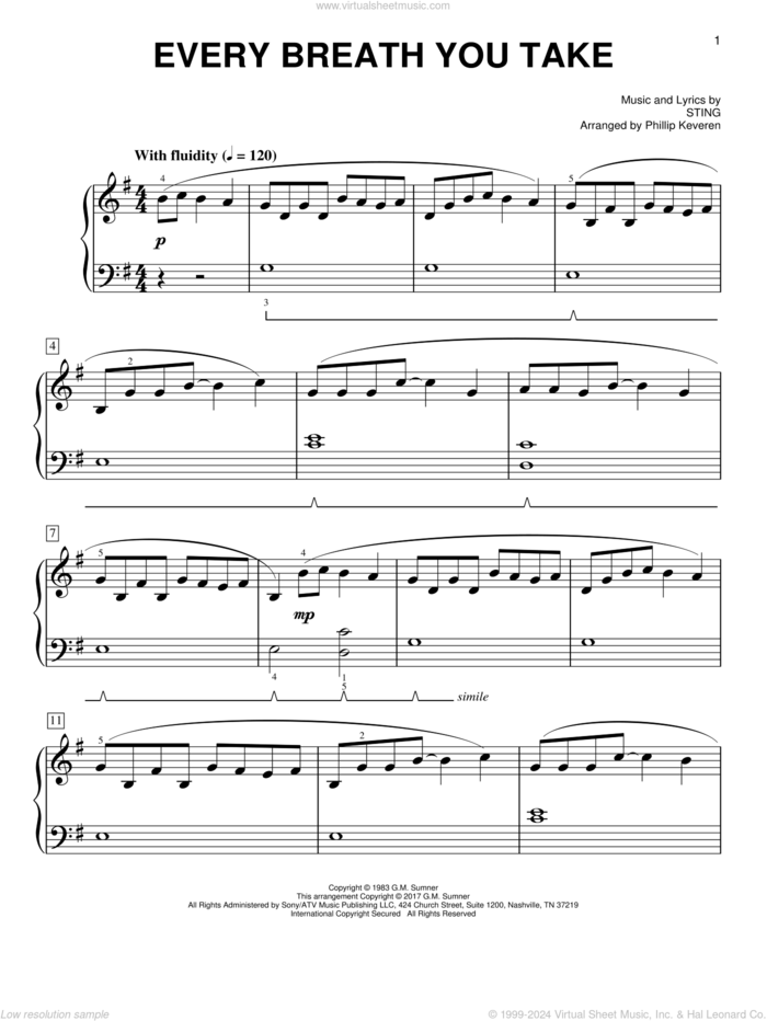 Every Breath You Take [Classical version] (arr. Phillip Keveren) sheet music for piano solo by Sting, Phillip Keveren and The Police, easy skill level