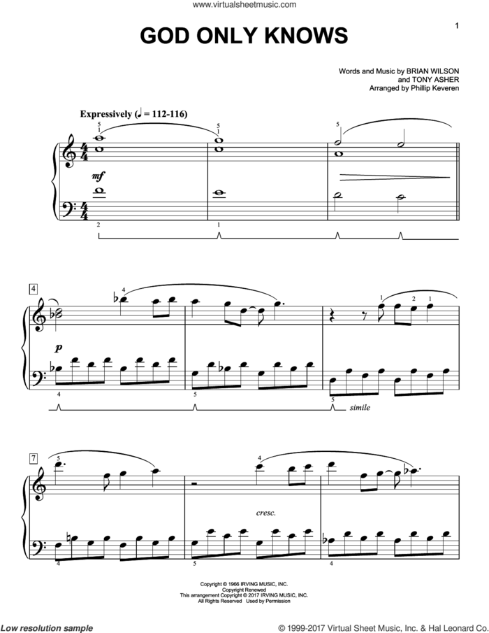 God Only Knows [Classical version] (arr. Phillip Keveren) sheet music for piano solo by Brian Wilson, Phillip Keveren, The Beach Boys and Tony Asher, easy skill level