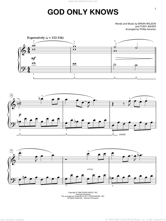 God Only Knows [Classical version] (arr. Phillip Keveren) sheet music for piano solo by Brian Wilson, Phillip Keveren, The Beach Boys and Tony Asher, easy skill level