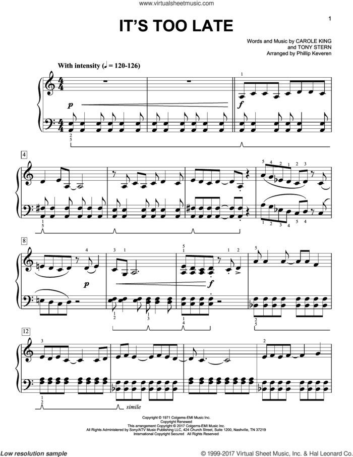 It's Too Late [Classical version] (arr. Phillip Keveren) sheet music for piano solo by Carole King, Phillip Keveren, Gloria Estefan and Toni Stern, easy skill level
