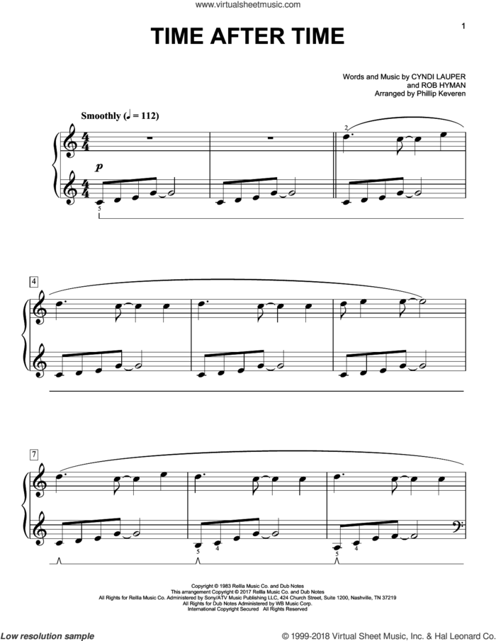 Time After Time [Classical version] (arr. Phillip Keveren) sheet music for piano solo by Cyndi Lauper, Phillip Keveren, Cyndi Lauper featuring Sarah McLachlan, Inoj, Javier Colon and Rob Hyman, easy skill level
