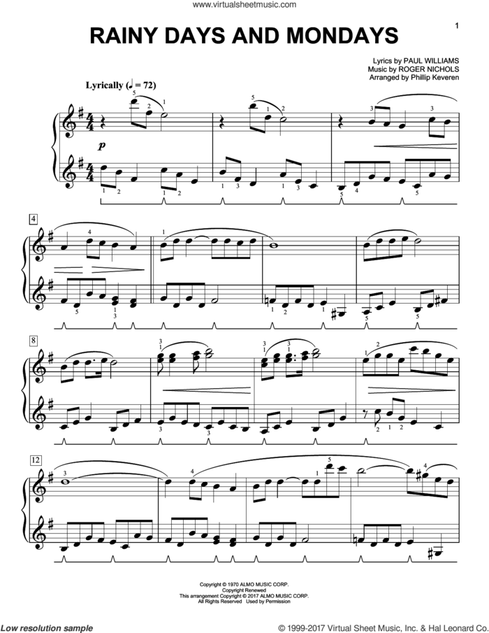 Rainy Days And Mondays [Classical version] (arr. Phillip Keveren) sheet music for piano solo by Carpenters, Phillip Keveren, Paul Williams and Roger Nichols, easy skill level