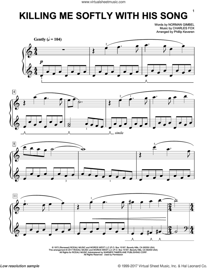 Killing Me Softly With His Song [Classical version] (arr. Phillip Keveren) sheet music for piano solo by Norman Gimbel, Phillip Keveren, Roberta Flack, The Fugees and Charles Fox, easy skill level