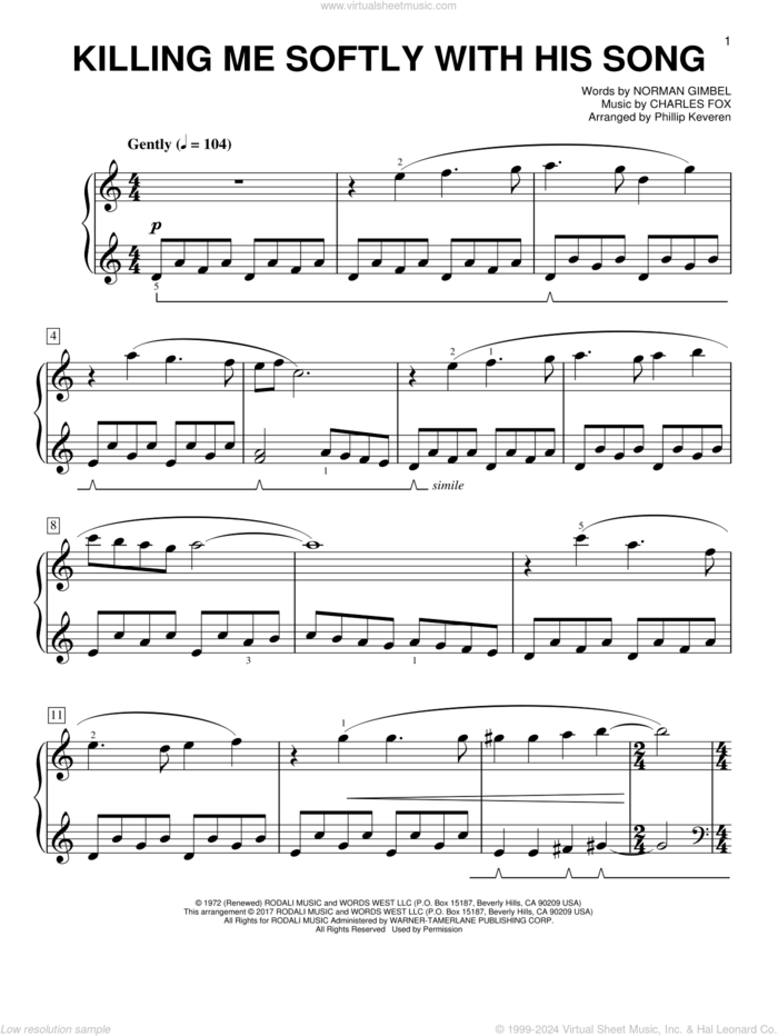 Killing Me Softly With His Song [Classical version] (arr. Phillip Keveren) sheet music for piano solo by Norman Gimbel, Phillip Keveren, Roberta Flack, The Fugees and Charles Fox, easy skill level