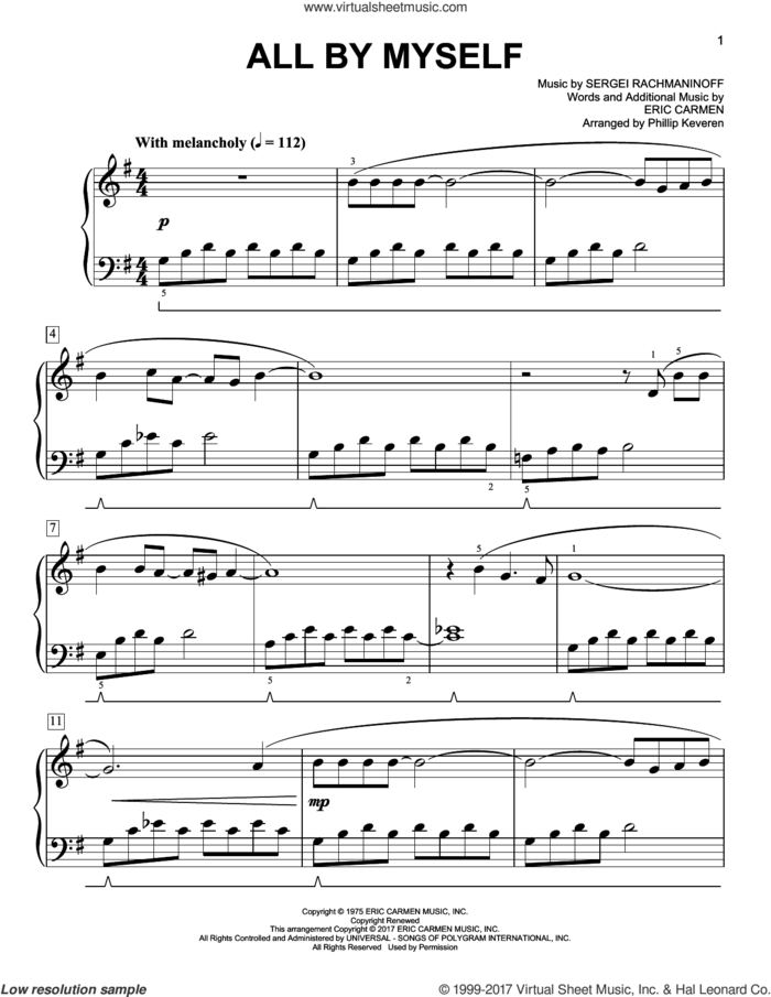 All By Myself [Classical version] (arr. Phillip Keveren) sheet music for piano solo by Serjeij Rachmaninoff, Phillip Keveren, Celine Dion and Eric Carmen, easy skill level