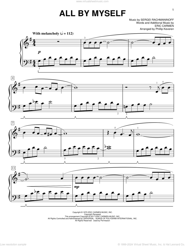 All By Myself [Classical version] (arr. Phillip Keveren) sheet music for piano solo by Serjeij Rachmaninoff, Phillip Keveren, Celine Dion and Eric Carmen, easy skill level