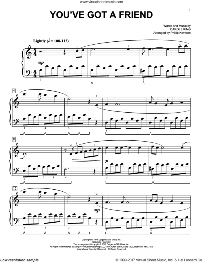 You've Got A Friend [Classical version] (arr. Phillip Keveren) sheet music for piano solo by Carole King, Phillip Keveren and James Taylor, easy skill level