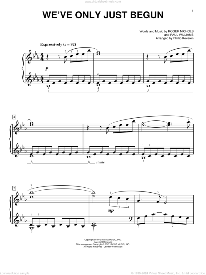 We've Only Just Begun [Classical version] (arr. Phillip Keveren) sheet music for piano solo by Carpenters, Phillip Keveren, Paul Williams and Roger Nichols, wedding score, easy skill level