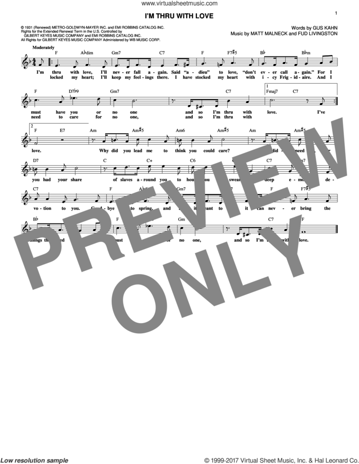I'm Thru With Love sheet music for voice and other instruments (fake book) by Matt Malneck, Fud Livingston and Gus Kahn, intermediate skill level