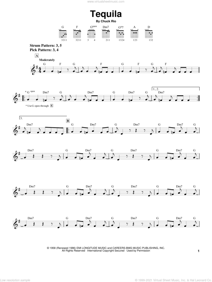 Tequila sheet music for guitar solo (chords) by The Champs and Chuck Rio, easy guitar (chords)
