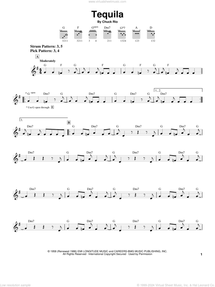 Tequila sheet music for guitar solo (chords) by The Champs and Chuck Rio, easy guitar (chords)